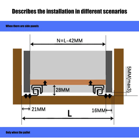 Diagram showing installation of Beefed Up Heavy Duty Drawer Slides with Hydraulic Dampening Full Extension Soft Close 40Kg.