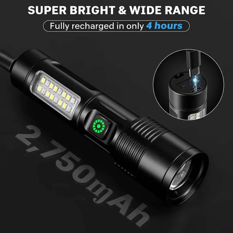 Close-up of Two Pack Rechargeable LED Flashlights That Crank Out 990000 Lumens With Adjustable Beam, showing charging port
