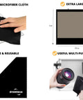 Premium microfiber cloth used on a tablet, camera lens cleaning, extra large size, washable, reusable, multi-purpose.