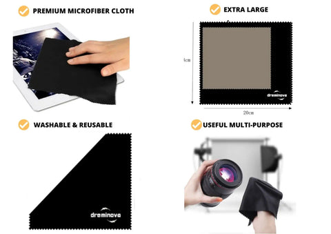 Premium microfiber cloth used on a tablet, camera lens cleaning, extra large size, washable, reusable, multi-purpose.