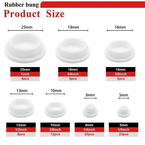 Image showing size variations of 80 Piece Silicone Hole Plug Set For DIY Projects Do It All With Assorted Hole Sizes One Fifth Inch One Quarter Inch Three Eighths Inch One Half Inch Five Eighths Inch Three Quarters Inch One Inch In Clear Storage Box.