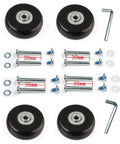 Luggage Suitcase Replacement Wheels Set With ABEC 608zz Bearings 45mm Inline Wheels For Travel Quiet And Durable Includes 30mm And 35mm Axles And Washers Four Pack Black, components displayed including wheels, axles, washers, screws, and wrenches.