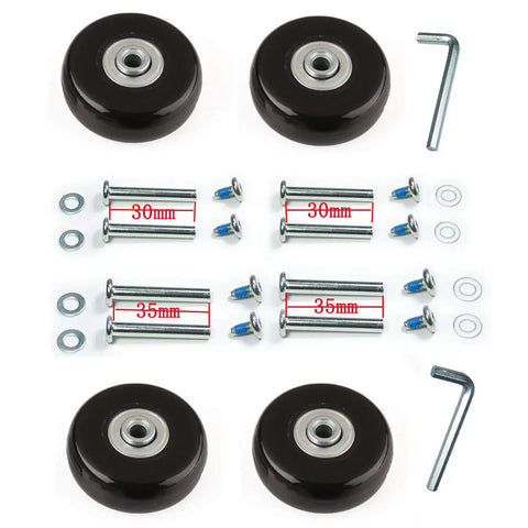 Luggage Suitcase Replacement Wheels Set With ABEC 608zz Bearings 45mm Inline Wheels For Travel Quiet And Durable Includes 30mm And 35mm Axles And Washers Four Pack Black, components displayed including wheels, axles, washers, screws, and wrenches.