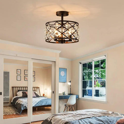 Farmhouse Semi Flush Mount Ceiling Light With Crystal Teardrops, Matte Black Finish, E12 Base, 3 Lights, in bedroom setting
