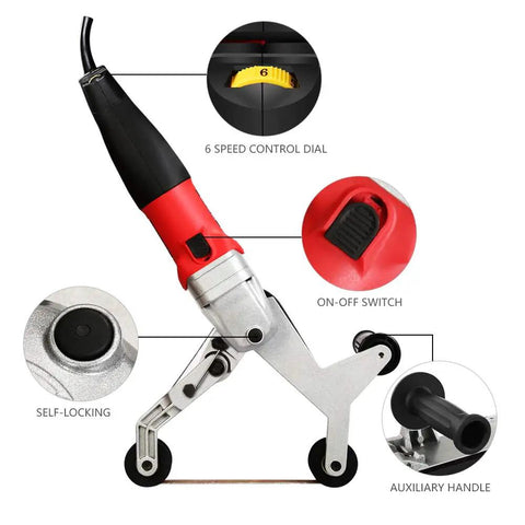 Pro Grade Stainless Steel Pipe Belt Sander Polisher with 110V 800W power, featuring auxiliary handle and speed control dial