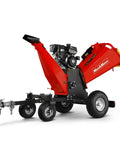 Front angle view of 6 Inch Wood Chipper Shredder Mulcher with Kohler 429cc 14HP Gas Engine, electric start, 4 wheels, tow bar, Model B150 Red.
