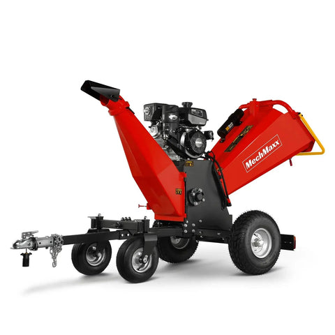 Front angle view of 6 Inch Wood Chipper Shredder Mulcher with Kohler 429cc 14HP Gas Engine, electric start, 4 wheels, tow bar, Model B150 Red.