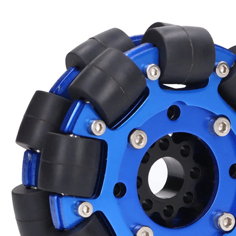 Close-up of a blue 4 Inch Aluminum Alloy Omni Directional Robot Wheels Kit with high traction and quiet roll bearing equipped modular wheel set