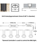 Warm White Recessed LED Deck Light Kit With Black Protective Shell installation diagram, showing wiring and measurements for embedded setup.