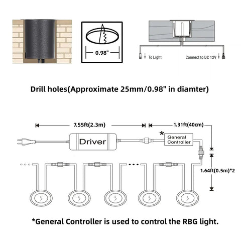 Warm White Recessed LED Deck Light Kit With Black Protective Shell installation diagram, showing wiring and measurements for embedded setup.