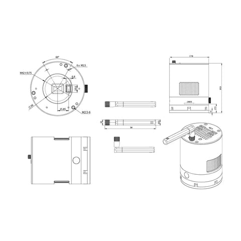 Technical diagram of Air Cooled Color Astronomy Camera With Built In Guide Camera And ASIAir Control All In One 585MC Sensor