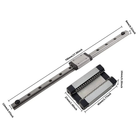 700mm Linear Rail Kit With MGN12 Rail And Stainless Steel MGN12H Carriage Block For 3D Printers CNC Upgrades Machining And Precise Linear Motion Gear, shown with rail and block dimensions
