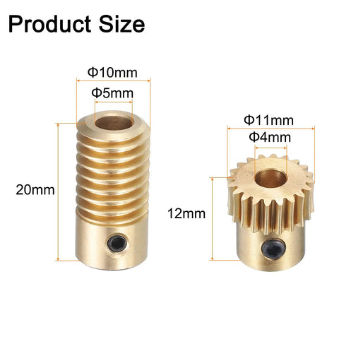 Brass Worm Gear Set 0.5 Module 20 To 1 Reduction With 5mm Shaft Bore And 4mm Gear Wheel Bore, 20 Teeth size illustration