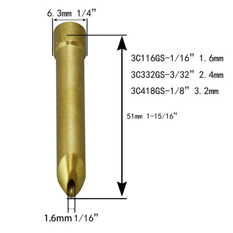 Long Wedge TIG Collets Kit For 3C332GS Torch 3/32 Inch 2.4mm Orifice, detailed view with dimensions on diagram.