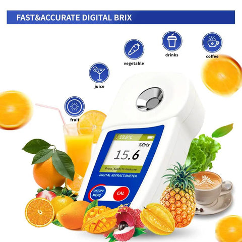 Digital Brix Refractometer For Sugar Content With Zero To Fifty Five Percent Range And Plus Or Minus Zero Point One Percent Accuracy, Auto Temperature Compensation For Consistent Readings, Ideal For Winemaking, Home Brewing, Juices. Compact white and blue digital refractometer with LCD display