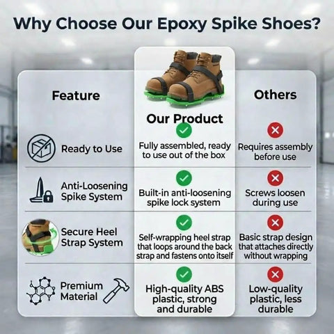 Comparison chart highlighting features of epoxy spike shoes versus others, showing images of shoes with description of materials and benefits.