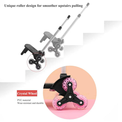 Lightweight Folding Backpack Trolley With Three Wheel Rolling Hand Truck Design showing crystal wheels on stairs