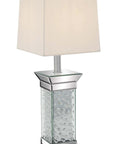 Glam Glass Room Table Lamp With Mirrored Accent 13 By 13 By 30 Inches Silver Finish with cream shade, front view