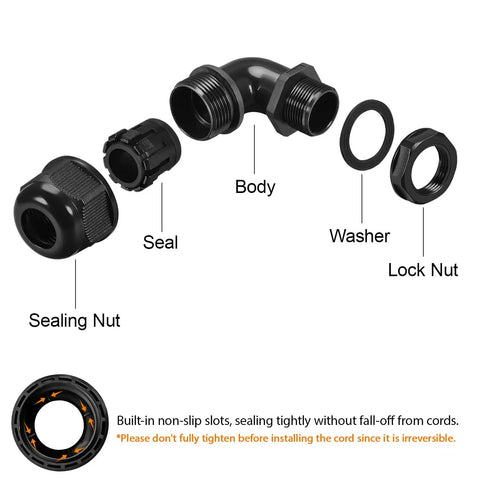M12 Cable Gland 90 Degree Adjustable Strain Relief For 4 To 8mm Wires Nylon Joints With Gaskets Black 2 Pack, exploded parts view