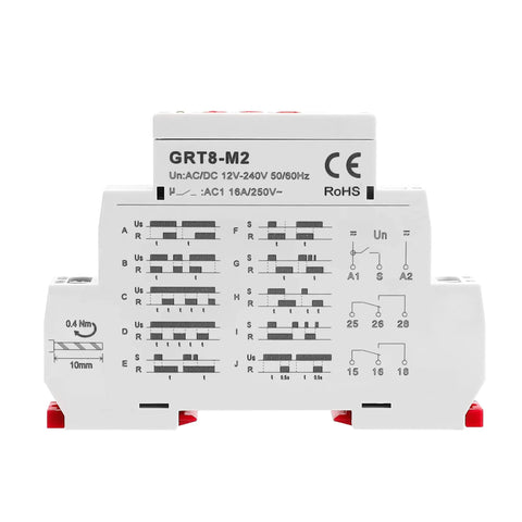 Versatile 16A Time Relay With 10 Function Modes Accepts AC DC 12V To 240V Power 2 Outputs Control Relay GRT8 M2 front view