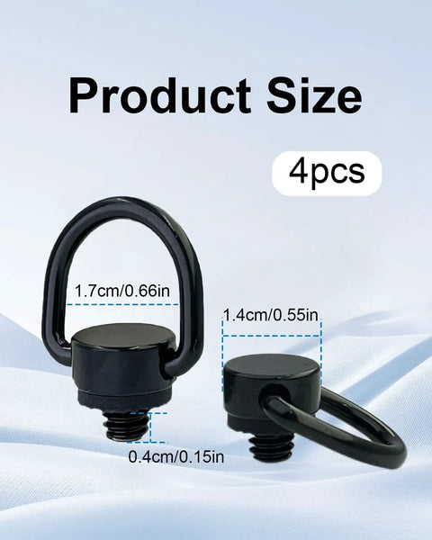 Four Pack Beefed Up Stainless Steel D Ring Screw Adapter Kit For Cameras With Soft Cushion Base and Hassle Free One Quarter Twenty Thread Mount For Tripods Selfie Sticks Gimbals And Photography Strap Gear In Classic Black, showing size dimensions.
