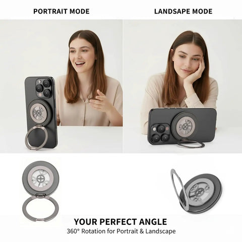 Fidget Grip For MagSafe iPhone Through 17 Series With 360 Degree Kickstand And ASMR Clicks in portrait and landscape modes.