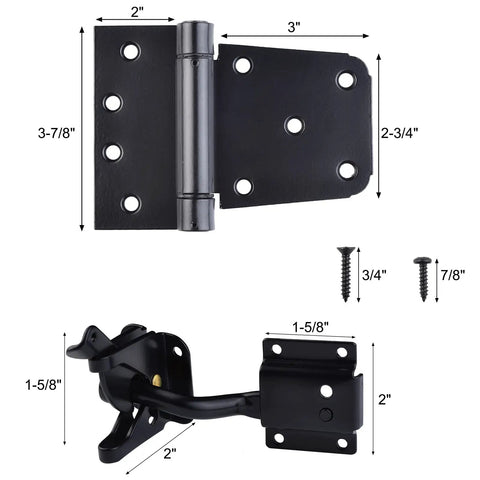 Self-Closing Heavy Duty Gate Hardware Kit With Self-Locking Latch And 2-Pack Adjustable Spring Hinges, black finish, dimensions