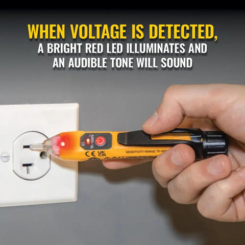 Non-Contact Voltage Tester Pen 70-1000V AC With IP67 Waterproof Dustproof Rating in use near an electrical outlet