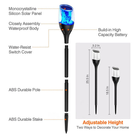 Diagram of Solar Outdoor Lights 6 Pack Tiki Torches with Flickering Flame showing construction and adjustable height feature