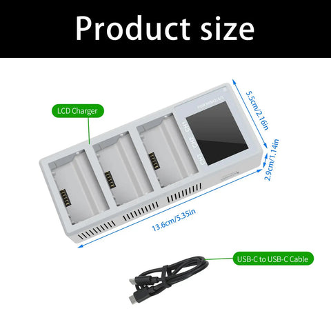 Product size view of Powerful 100W Battery Charging Station with color screen for Mini5, 4, 3 Pro drones, shown with USB-C cable