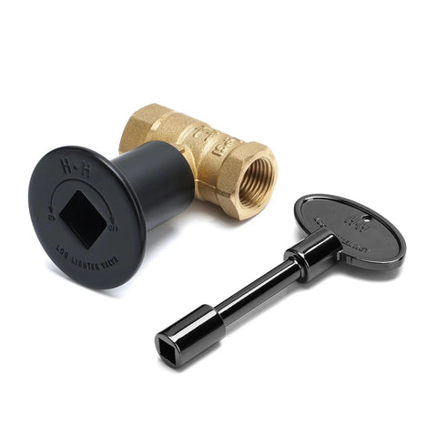 One Half Inch Gas Key Valve Kit For Fire Pit And Fireplace With Flange And Three Inch Key in flat black, brass ball valve visible