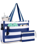 Large Waterproof Sandproof Beach Tote Bag With Zipper, Family Pool Bag With 40oz Tumbler Pocket, Sand Release Mesh, Navy Blue