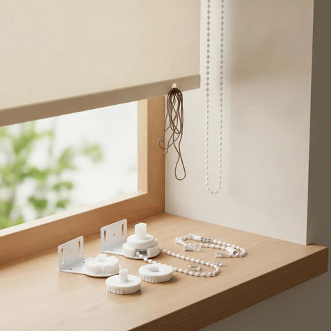 Easy DIY Roller Blind Pull Chain Repair Kit with glass beads shown on window sill for replacing stuck or broken chains.