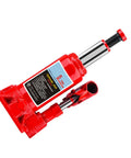 Heavy Duty 5 Ton Hydraulic Bottle Jack For Cars And Trucks Rock Solid Manual Car Lift with vertical design and red steel body.