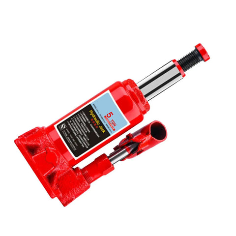 Heavy Duty 5 Ton Hydraulic Bottle Jack For Cars And Trucks Rock Solid Manual Car Lift with vertical design and red steel body.