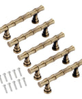Five Pack Bamboo Shape Drawer Pulls in Antique Brass Finish, 4.21 Inch Long Zinc Alloy with screws, angled view