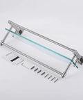 Bathroom Glass Shelf With Towel Bar And Rail 19.6 X 5.9 Inches Heavy Duty Rustproof SUS304 Stainless Steel Brushed Finish Wall Mount Shelf 8mm Tempered Glass Easy Install Rack For Towels And Essentials, with mounting hardware included.