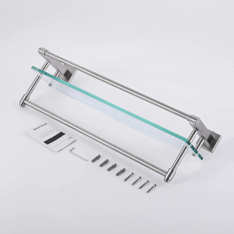 Bathroom Glass Shelf With Towel Bar And Rail 19.6 X 5.9 Inches Heavy Duty Rustproof SUS304 Stainless Steel Brushed Finish Wall Mount Shelf 8mm Tempered Glass Easy Install Rack For Towels And Essentials, with mounting hardware included.