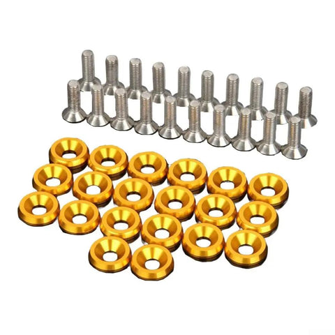 M6 Hex Head Bolt Screw Kit With Aluminum Washers For Fender, Bumper, Headlight And Trunk Mounts, 20 Piece Set, CNC Machined 6061 Aluminum Golden Finish, Engine Bay Ready, Heavy Duty Vibration Resistant Auto Body Fasteners, gold washers and silver bolts