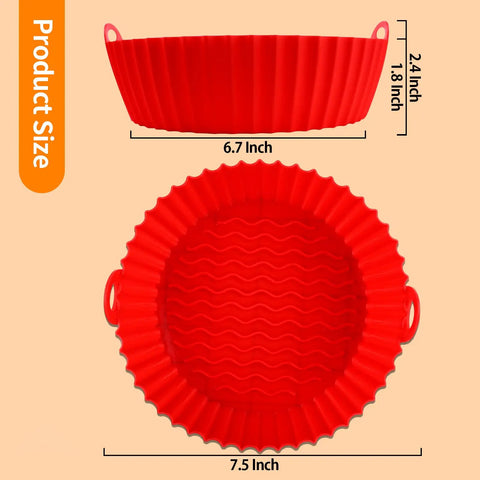 Three Pack Silicone Air Fryer Pots 7.5 Inch Basket Reusable Liner Food Grade Safe Silicone No Mess No Stress Cleanup Replacement For Parchment Liners For 3 To 4 Quart Air Fryers, showing red round silicone liner, dimensions labeled 7.5 inch diameter, 2.4 inch height.