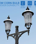 Street lamp with two Ultra Bright 5000 Lumen 6500K Cool Daylight Corn Light Bulbs, showcasing durability features.