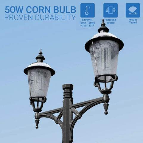 Street lamp with two Ultra Bright 5000 Lumen 6500K Cool Daylight Corn Light Bulbs, showcasing durability features.