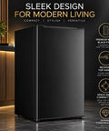Kickin Compact 3.2 Cubic Foot Upright Freezer Solid Black Design in stylish modern setting with recessed top handle.