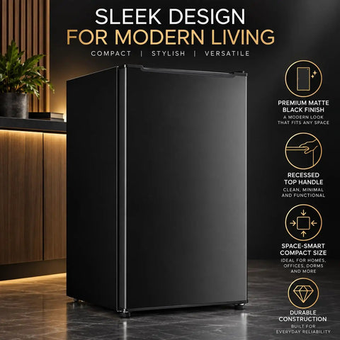Kickin Compact 3.2 Cubic Foot Upright Freezer Solid Black Design in stylish modern setting with recessed top handle.