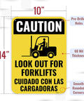 Beefed Up Aluminum Caution Forklift Sign 14x10 Inches With High Visibility Colorful Warning For Warehouse Traffic Bilingual Spanish 60 Mil Thick Durable Indoor Outdoor Safety Sign, yellow caution sign