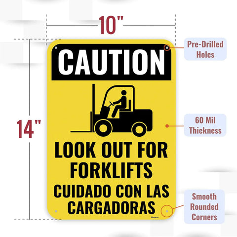 Beefed Up Aluminum Caution Forklift Sign 14x10 Inches With High Visibility Colorful Warning For Warehouse Traffic Bilingual Spanish 60 Mil Thick Durable Indoor Outdoor Safety Sign, yellow caution sign