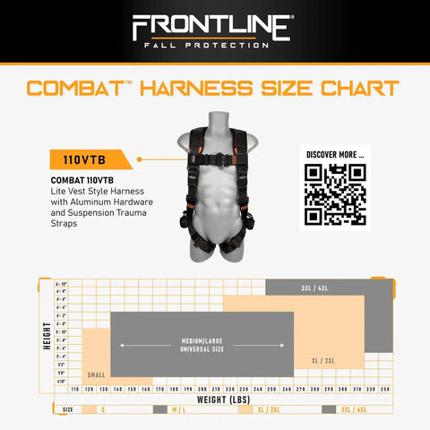 Size chart for Lite Vest Style Harness with Aluminum Hardware and Suspension Trauma Straps.