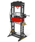 Beefy 30 Ton H Frame Air Hydraulic Shop Press with hand winch and pin kit, fully welded steel frame, safety guard, foot pedal control.
