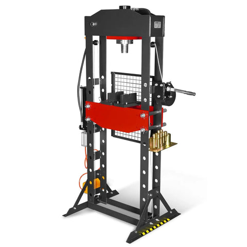 Beefy 30 Ton H Frame Air Hydraulic Shop Press with hand winch and pin kit, fully welded steel frame, safety guard, foot pedal control.