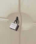 Close-up of a lock on the Compact Outdoor Resin Storage Shed With Floor For Home And Backyard Weather Resistant Small Footprint For Garden Tools Brooms And Ladders Cushions Pool Chemicals Toys Porch And Patio.